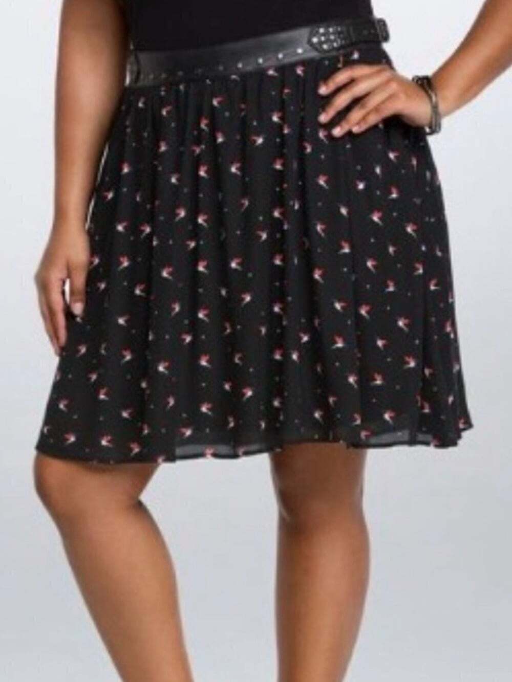 Torrid Georgette Skater Hummingbird Skirt Fully Lined Leather Tier Accent Sz 14